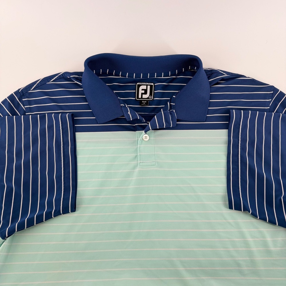 FootJoy Athletic Fit Golf Polo Shirt Striped Colorblock XL Navy Mint Green